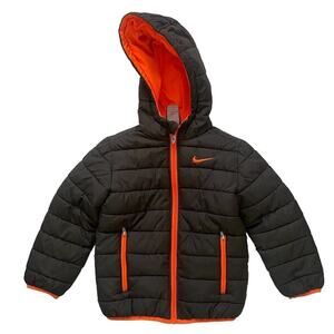 Nike Orange and Black Swoosh Puffer Insulated Hooded Jacket • Size 5 (S) 🗣